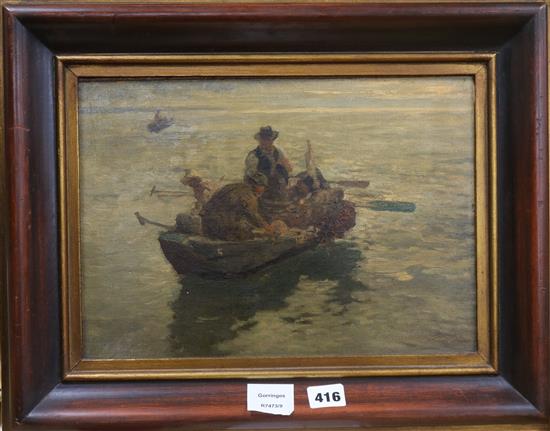 Italian School c.1900, oil on canvas board, fishermen at sea, 24 x 34cm